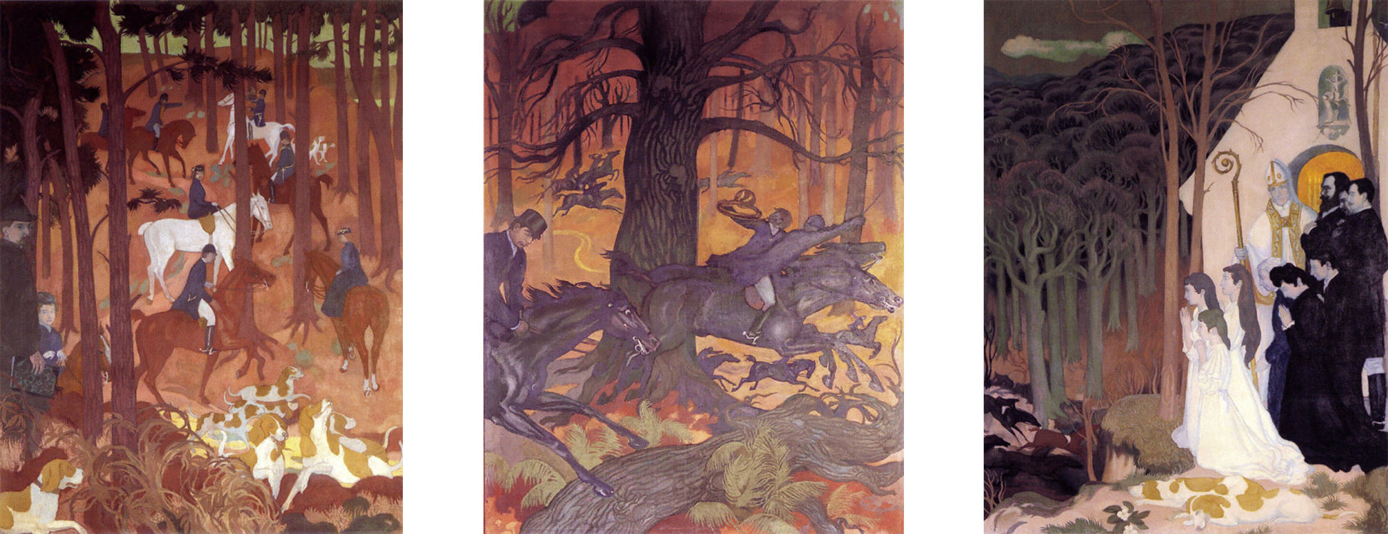 “The Legend of Saint Hubert,” 1897, each panel is 88.58” tall x 68.89” wide, oil on canvas, collection of Departmental Museum of Maurice Denis, Saint-Germain-en-Laye, France  From left to right: 1. Departure, 2. The Release of the Dogs, 3. The Good Go, 4.