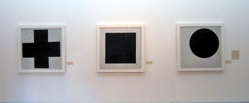 Kazimir Malevich, (Left) “Black Cross;” (Middle) “Black Square;”  (Right) “Black Circle”