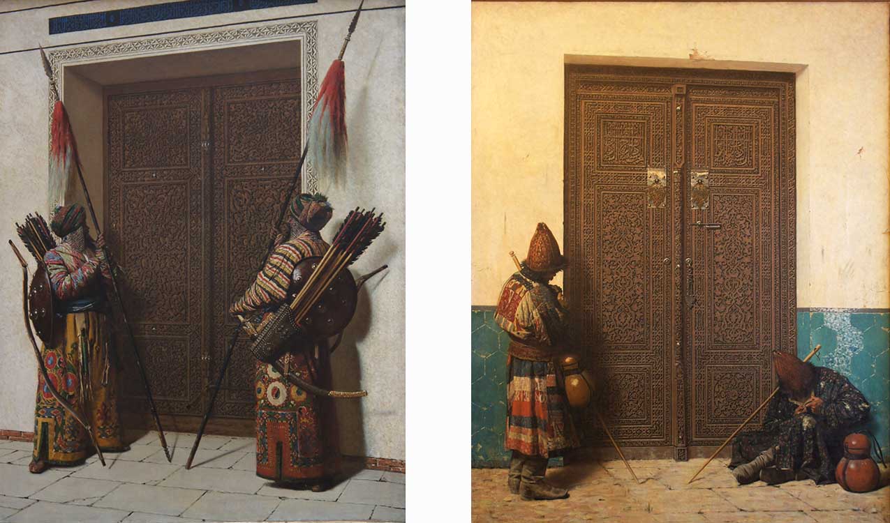 [Left] “Tamerian’s Doors,” 1872, oil on canvas and [Right] “At the Entrance to the Mosque,” 1873, oil on canvas.