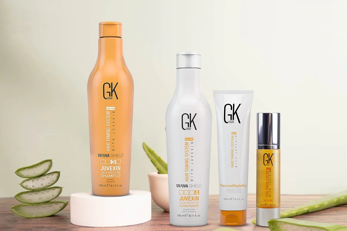 for an image displaying GK Hair products: "Assortment of GK Hair products, nourishing locks for a healthy, shiny spring