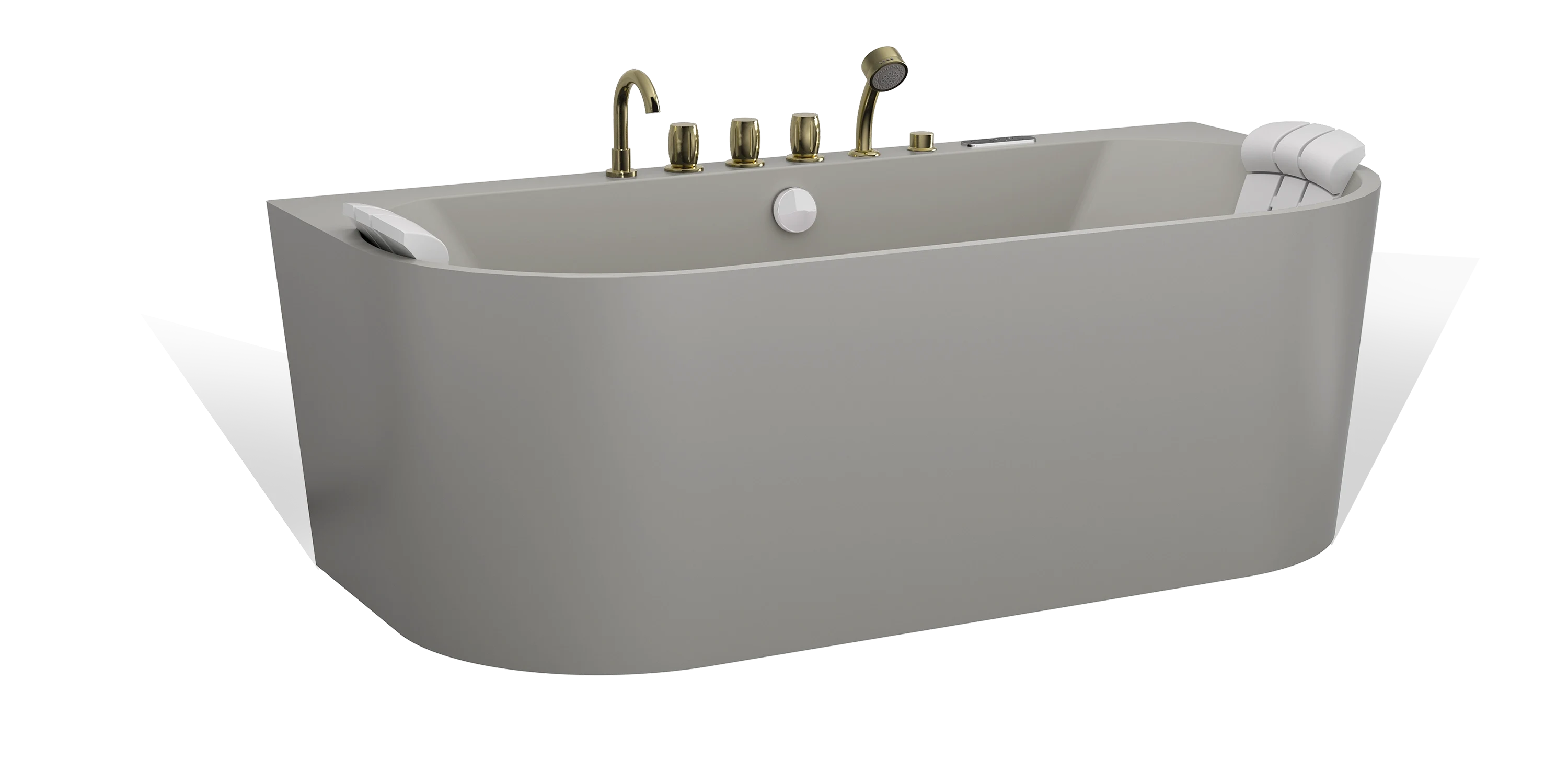 A modern, light-gray bathtub by Empava with a sleek oval design. It features a set of gold-finished faucet handles, a showerhead, and a central water spout. The tub includes cushioned headrests on both ends for added comfort.