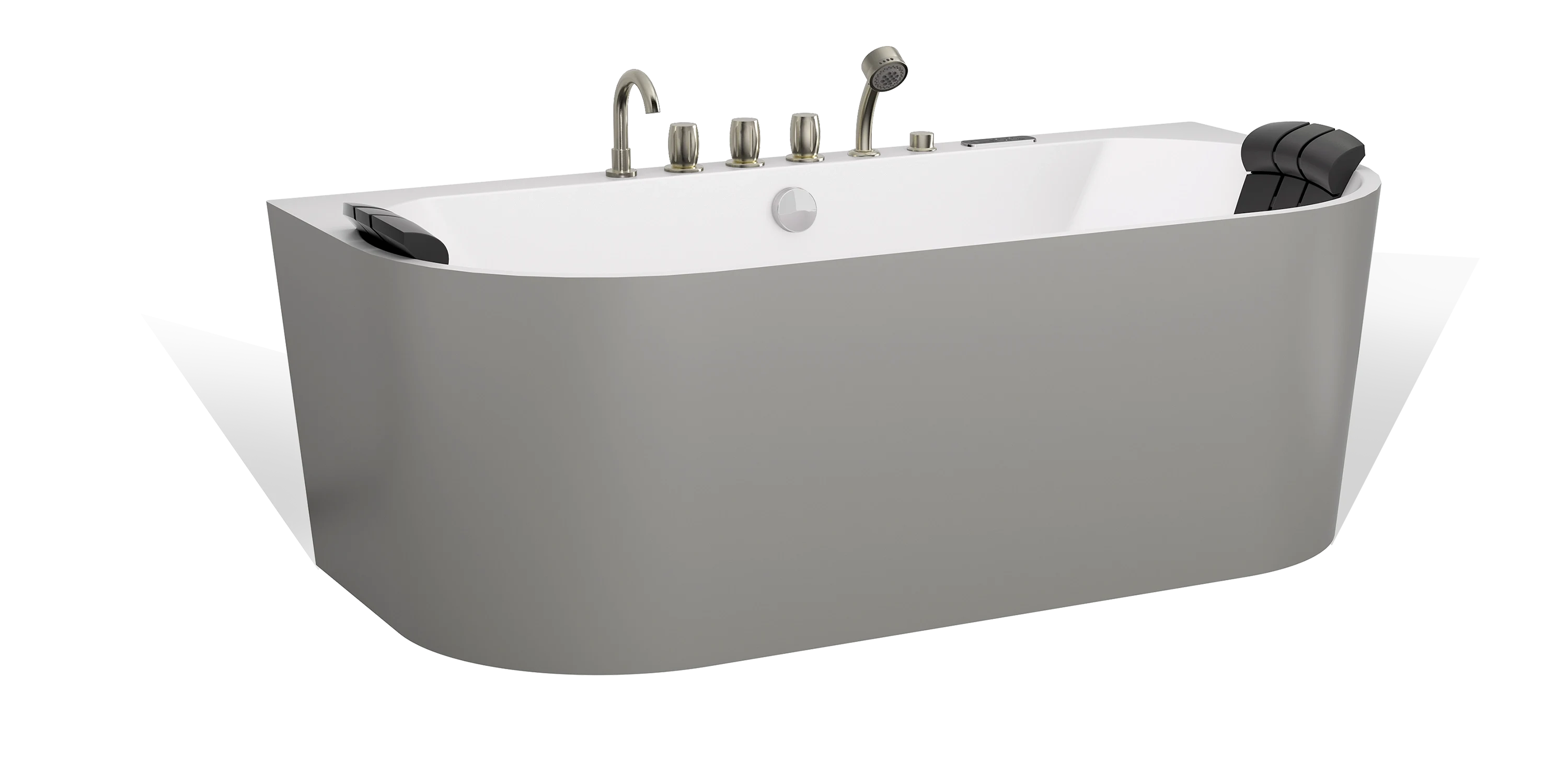 The Empava modern bathtub boasts a sleek gray exterior and is equipped with a black headrest on each end. Multiple silver-colored faucets, including a handheld showerhead attachment, are stylishly positioned along the rim.
