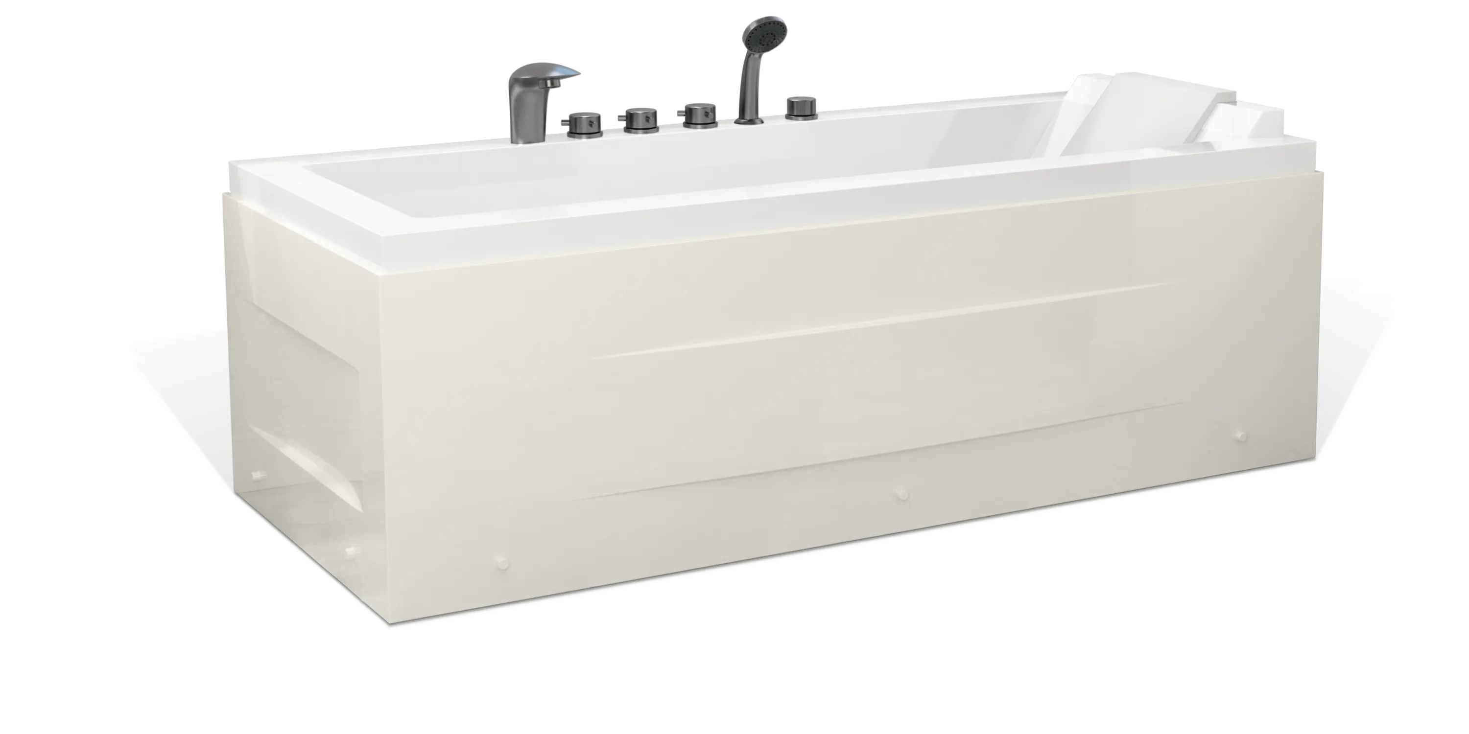 The Empava modern, white acrylic bathtub boasts a rectangular shape with multiple faucet handles, a hand shower, and an inclined backrest for comfort. Its exterior showcases a sleek, minimalist design with subtle horizontal contours.