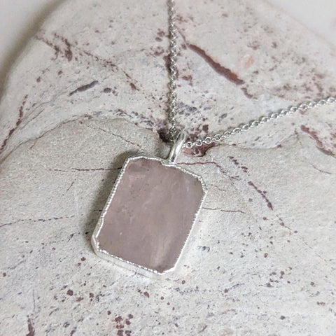 The Rectangle Rose Quartz Silver Necklace