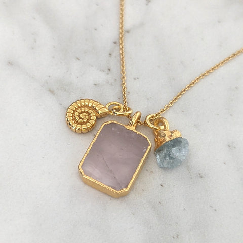 Rose Quartz and Aquamarine The Trio Gold Necklace