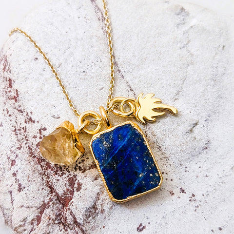 The Trio Lapis Lazuli, Citrine and charm gold necklace