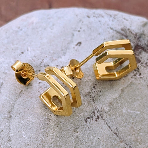 Double Hexagon Gold Earrings