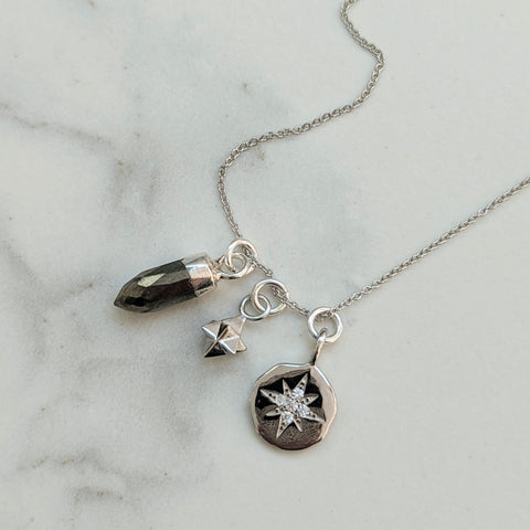 The Pyrite Trio Star Point Silver Necklace