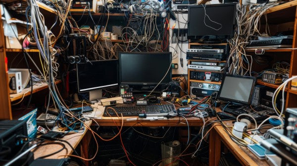 Messy computer desk with cords wires running everywhere