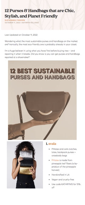 Svala vegan handbags featured in Going Zero Waste
