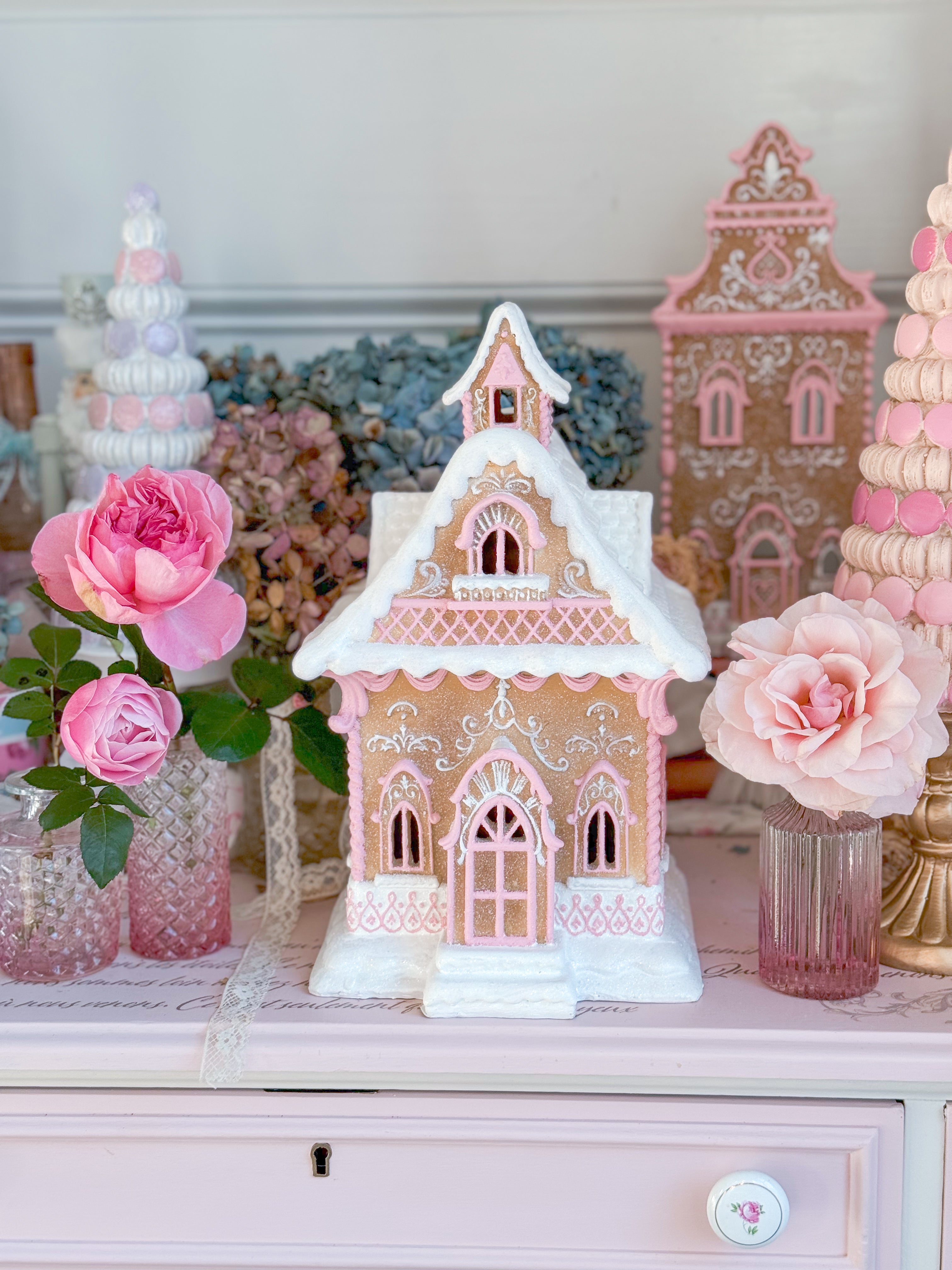 Bespoke Hand Painted LED light up Gingerbread House with Pink Details