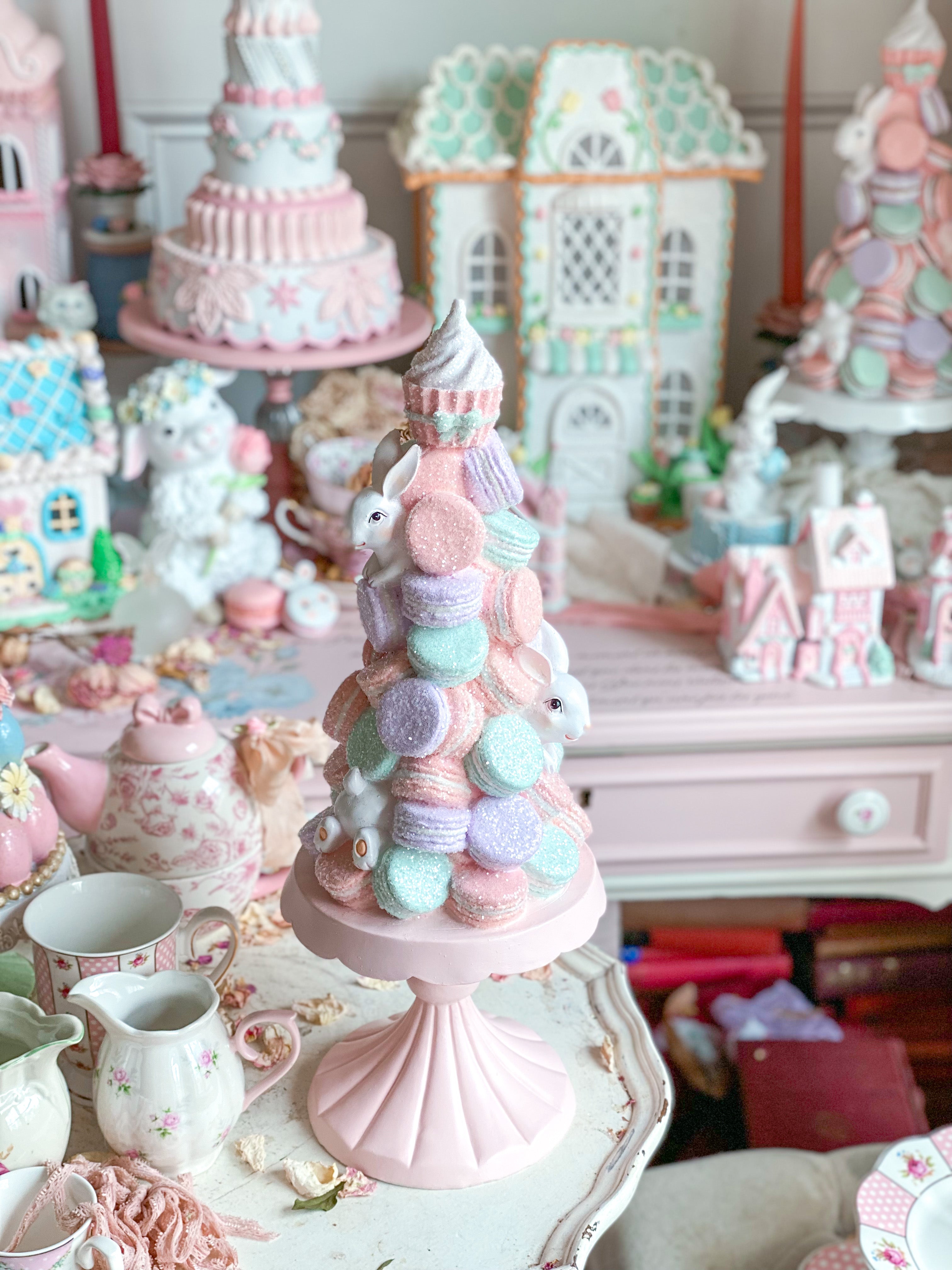 GLOW-UP COMMISSION: Bespoke Pastel Pink, Purple & Mint Green Bunny Macaron Tower on Blush Pink Pedestal Base