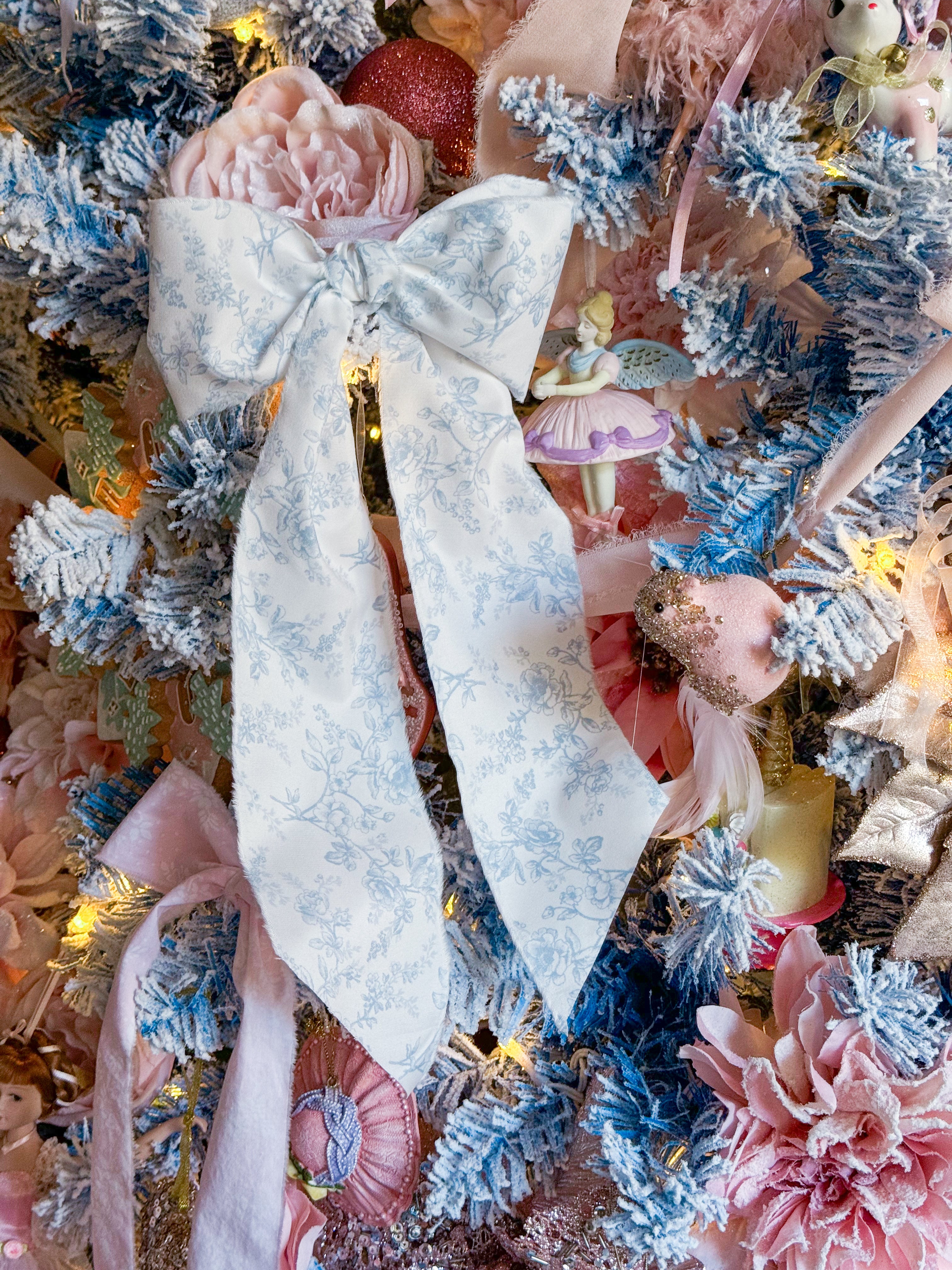 Bespoke Large Christmas Tree Bow Ornaments Made of Blue & White Hand Torn Rose Ribbon