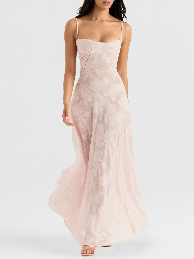 Elegant Thin Straps Floral Lace Maxi Dress