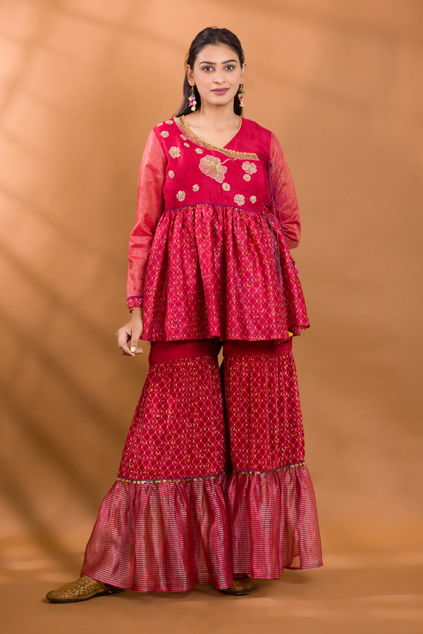 Mustard Strapy Machine Heighlight Yoke Kurti with Bandhani Gharara Pants