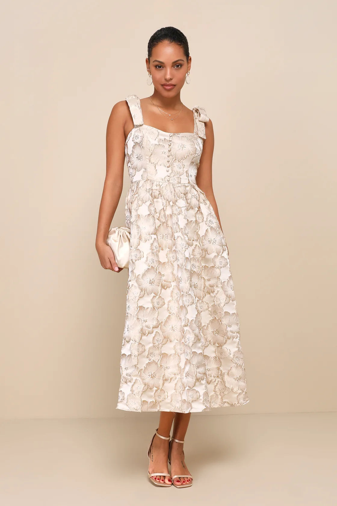 Ivory Floral Tiered Dress - Bustier Dress - Tie-Strap Midi Dress - Lulus