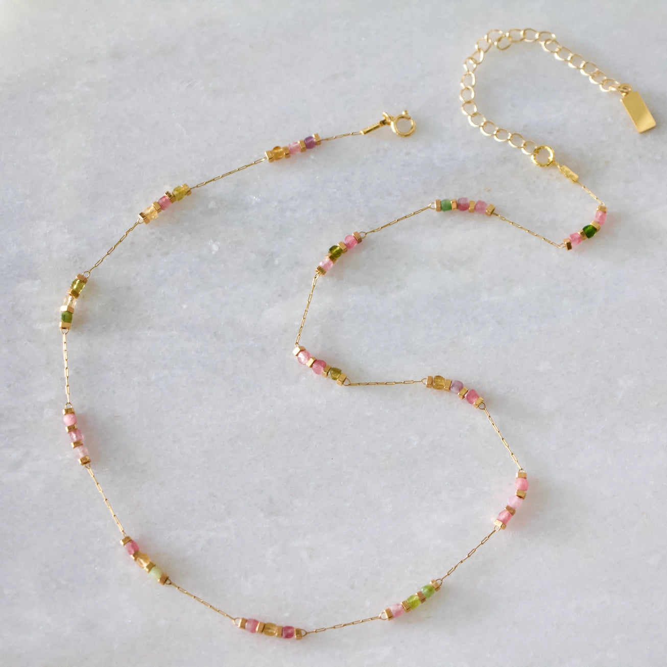 Mesa Blue Square Stone Beaded Chain Necklace - Tourmaline