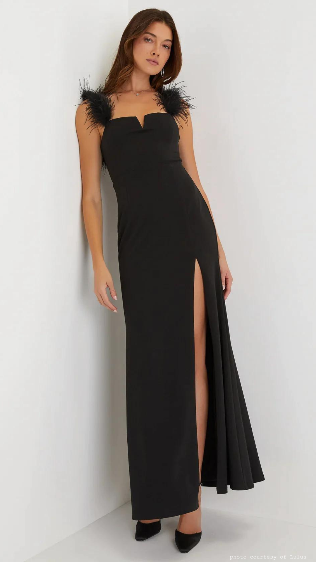 Lulus glamorous impression feather strap mermaid maxi dress sold at Harbour Thread
