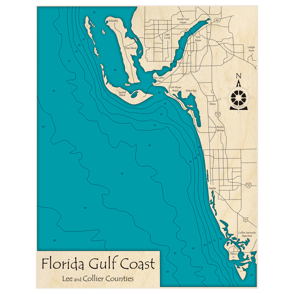 Bathymetric topo map of Florida Gulf Coast (North Fort Myers to Marco Island) with roads, towns and depths noted in blue water