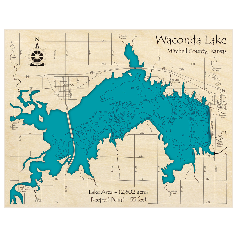 Waconda Lake 3D Custom Wood Map – Lake Art LLC