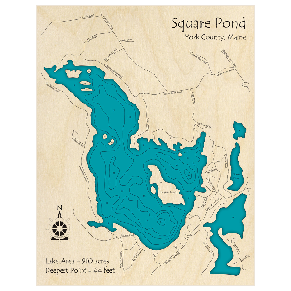 Bathymetric topo map of Square Pond with roads, towns and depths noted in blue water