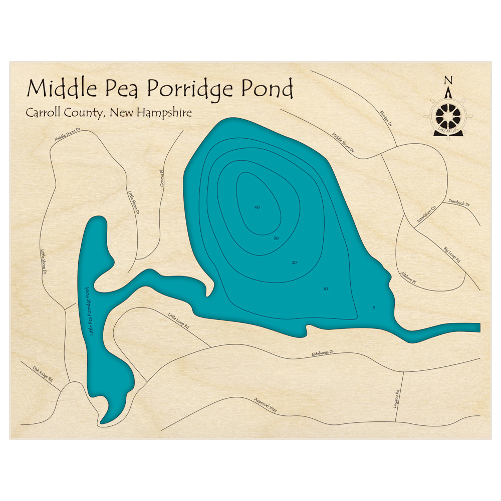 Bathymetric topo map of Middle Pea Porridge Pond with roads, towns and depths noted in blue water