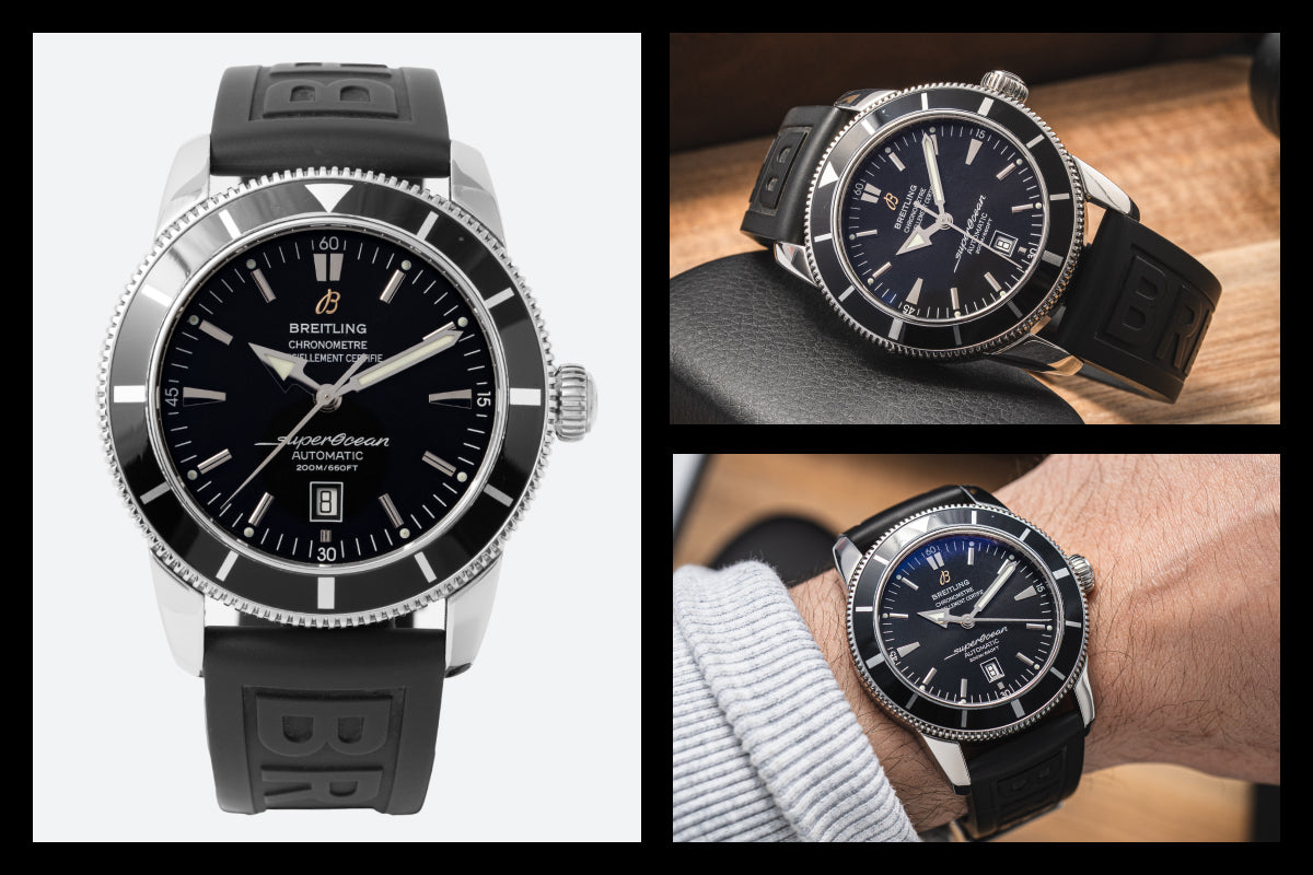 Zegarek nurkowy Breitling Superocean Heritage z czarną tarczą, czarnym bezelem i sylikonowym paskiem do 20000 PLN