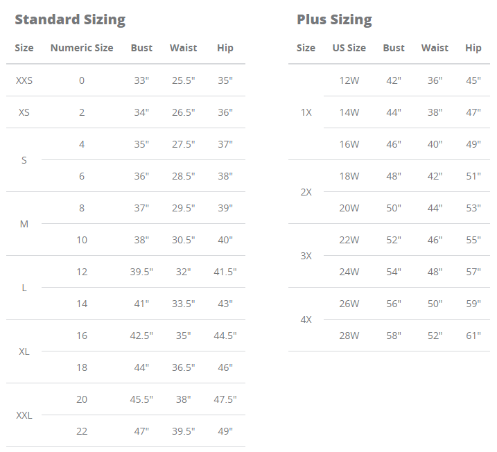 Size Chart – Just One Thing