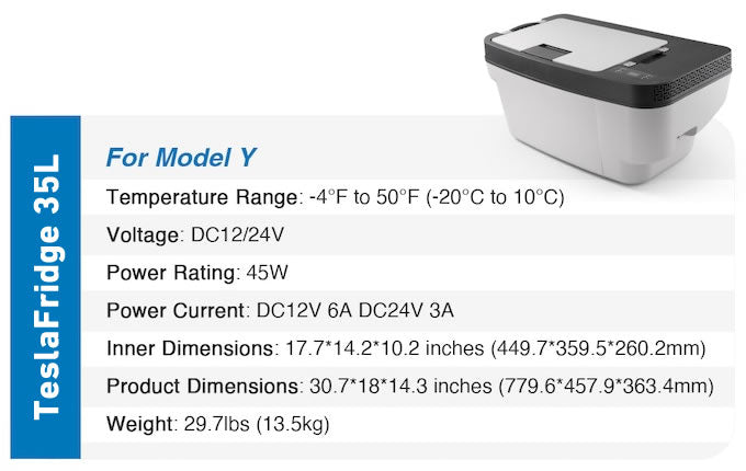 The specification of the Tesla Mode Y fridge