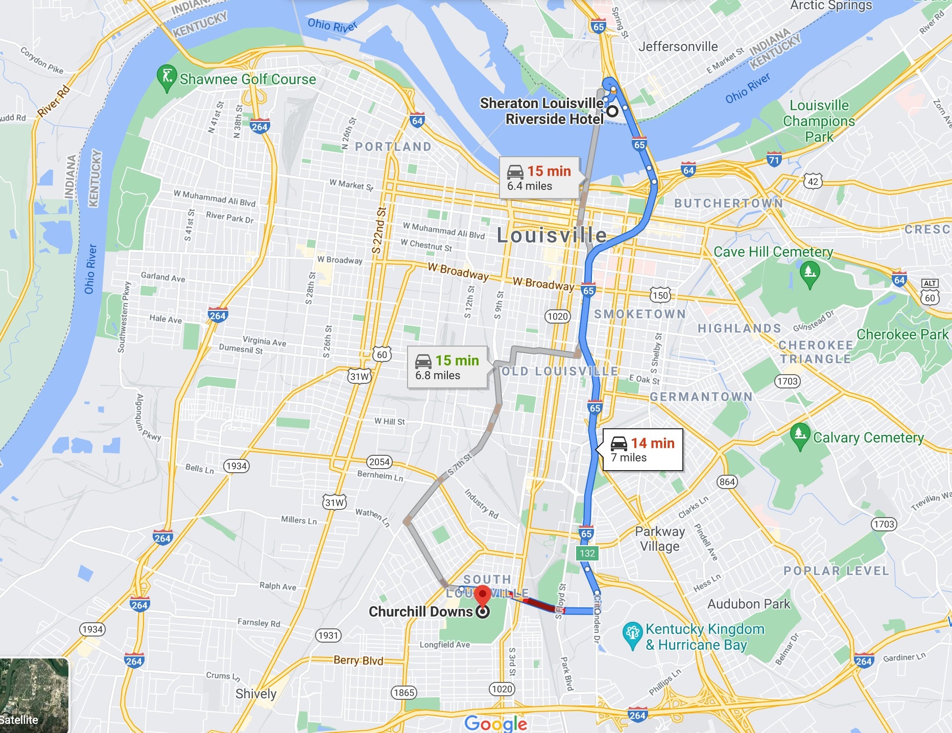 Directions from the Sheraton Riverside Louisville to Churchill Downs 700 Central Ave, Louisville, KY 40208