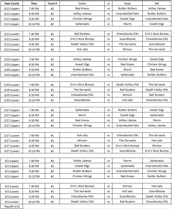 Wednesday Spring Schedule