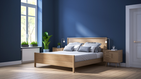 Blue-bedroom-with-wooden-bed