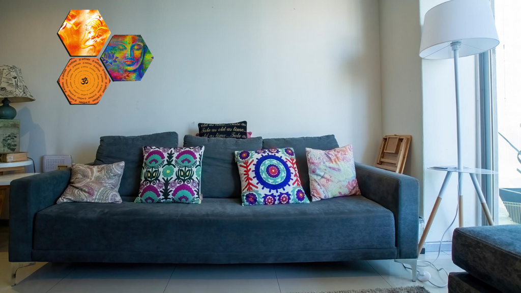 Blue sofa and ethnic cushion