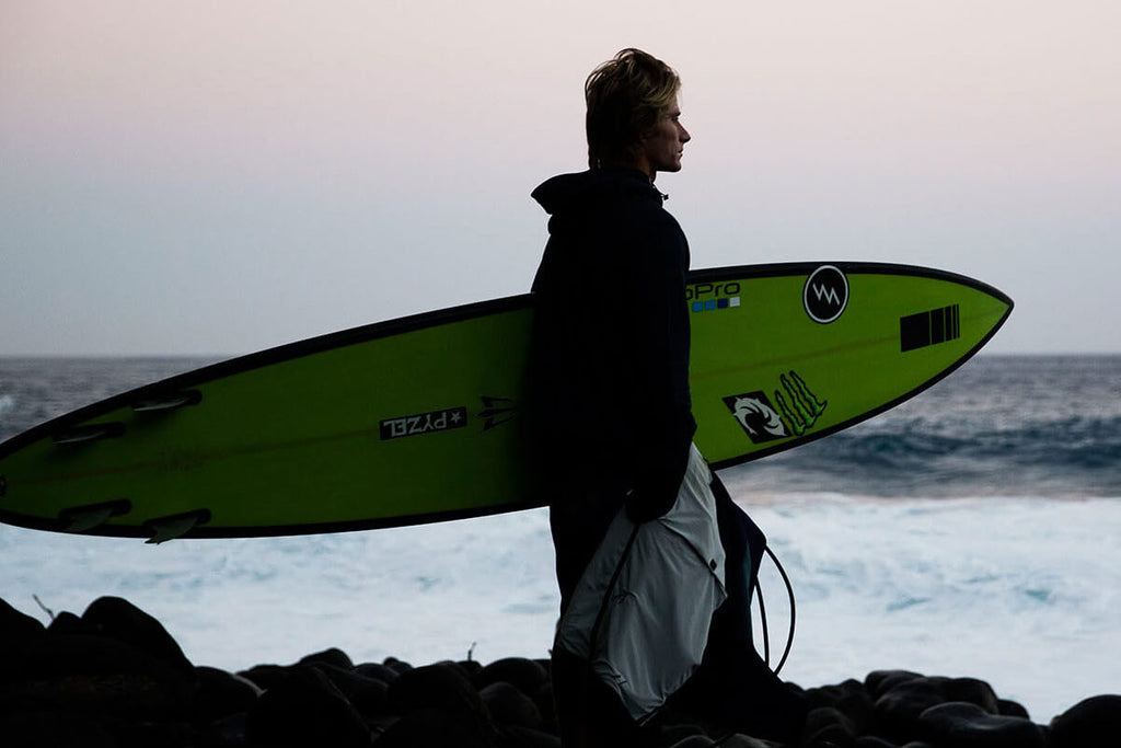 mark healy with pyzel padillac surfboard