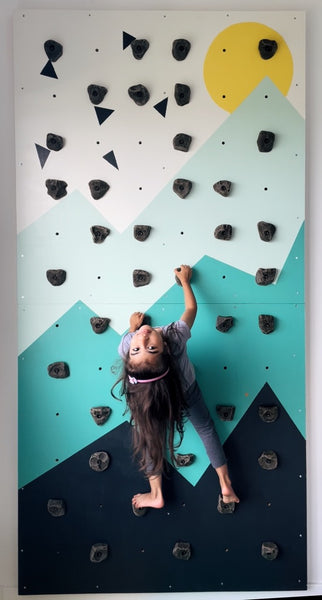 Little toddler girl climbing her home kids climbing wall