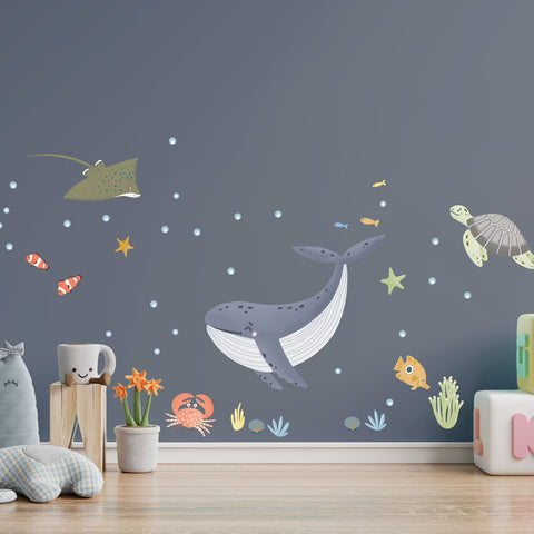 ocean animals wall decal with humpback whale, sting ray, turtle, and clown fish