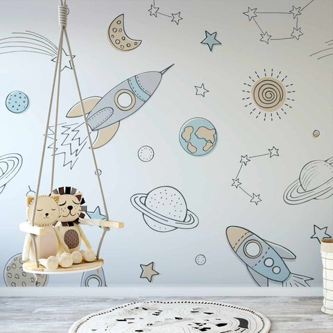 kids bedroom with space wallpaper mural, swing, toy lion and a rug
