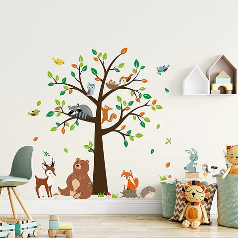 kids forest wall decals with tree, lion, bear, deer, fox and raccoon