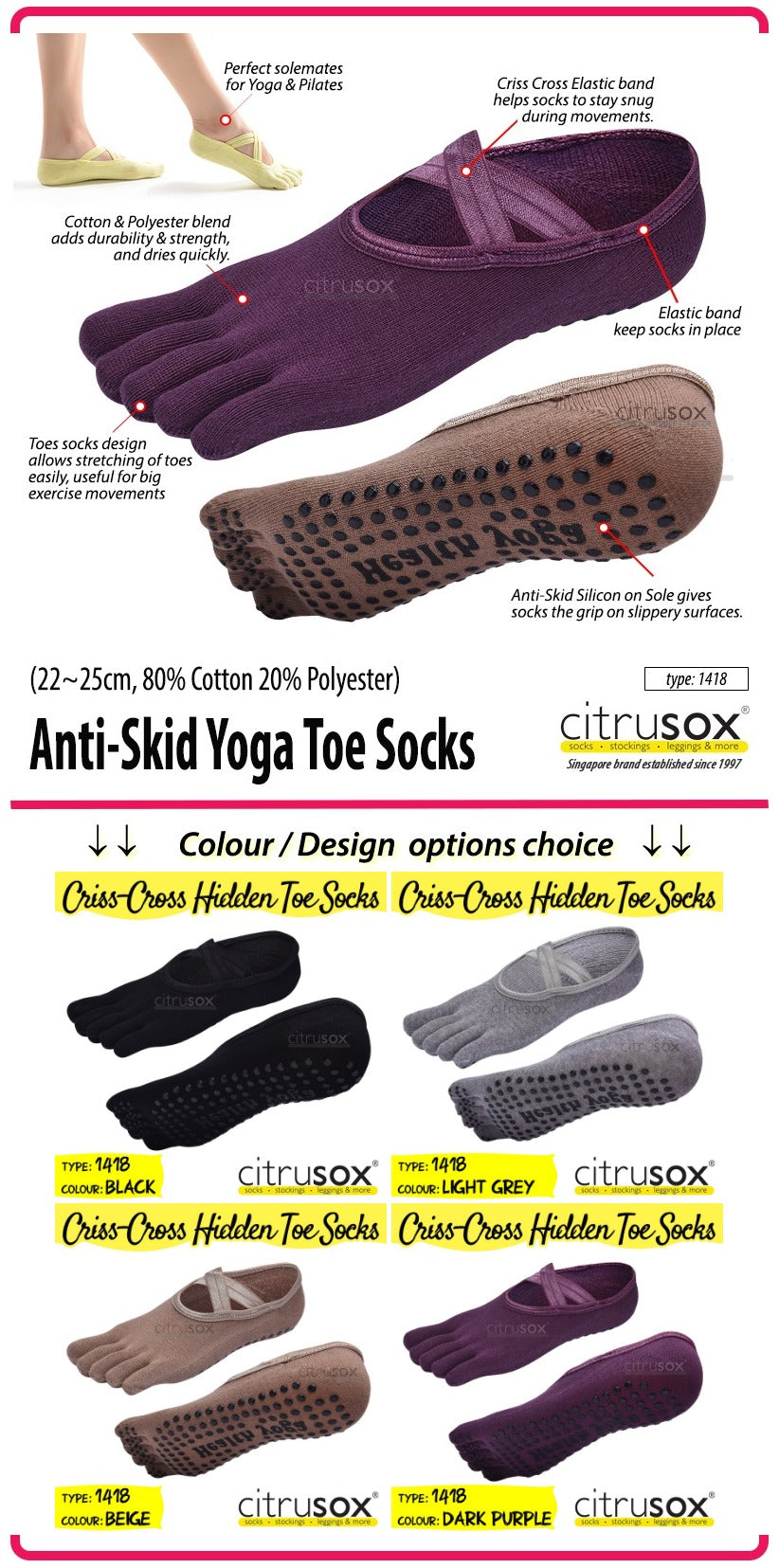 Yoga Anti-Skid Toe No-Show Barre Socks – Citrusox