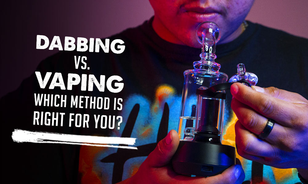 Dabbing vs. Vaping: Which Method is Right for You? With man holding Exxus Go Plus in front of pink studio background