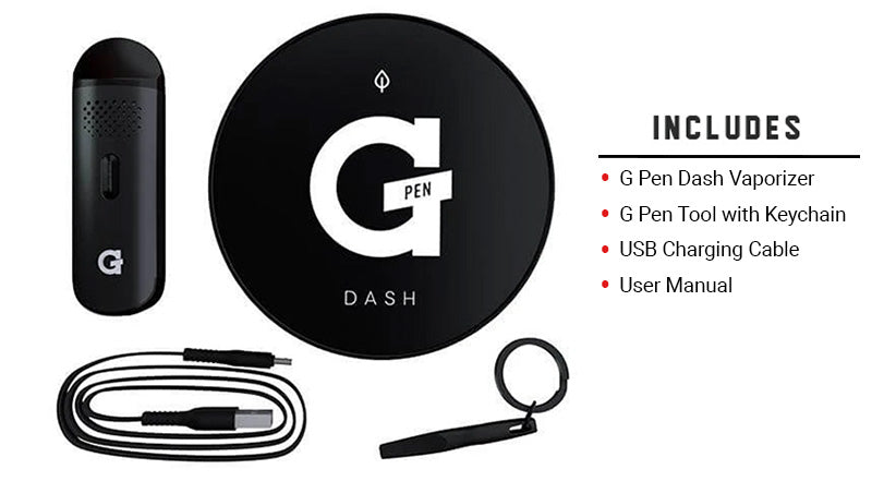 What's included with the G Pen Dash Vaporizer on white background.