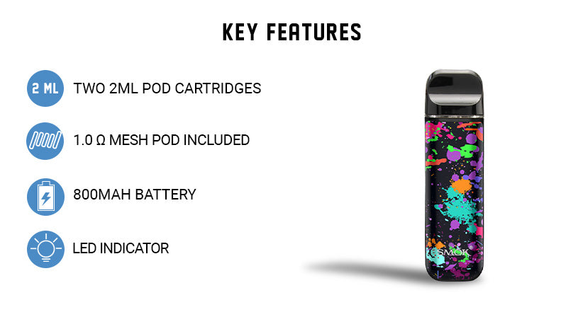 Key features for the SMOK Novo 2 Vaporizer on white background.