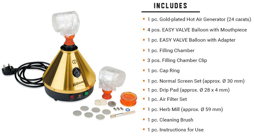 What's Included with the Storz & Bickel Classic Volcano Gold Edition on white background.