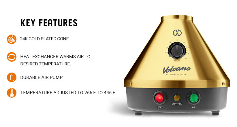 Características principales del Classic Volcano Vaporizer Gold Edition sobre fondo blanco