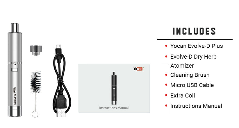 What's included in the Yocan Evolve D Plus Vaporizer kit on white background.