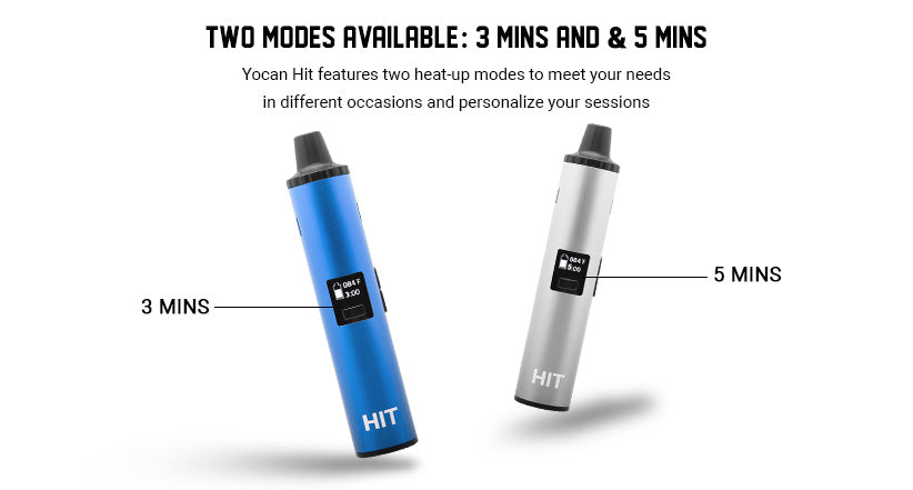 Yocan Hit Vaporizer 3 and 5 minute heat mode feature on white background