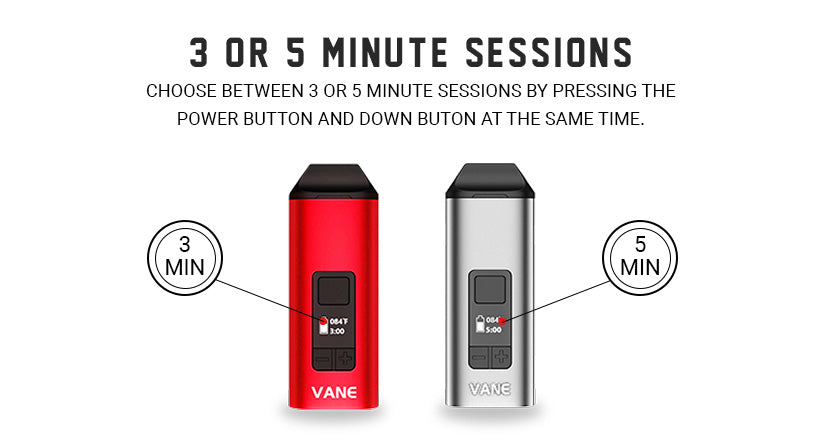 Yocan Vane Dry Herb Vaporizer 3 or 5 Minute session feature on white background.