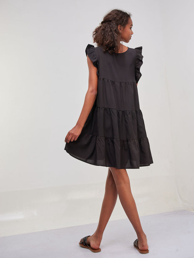 Anika Loose Fit Frilled Sleeved Tiered Dress - Black
