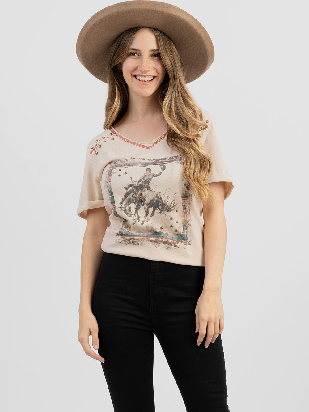 Women's Mineral Wash Studded “Rodeo Horse” Graphic Short Sleeve Tee - Cowgirl Wear