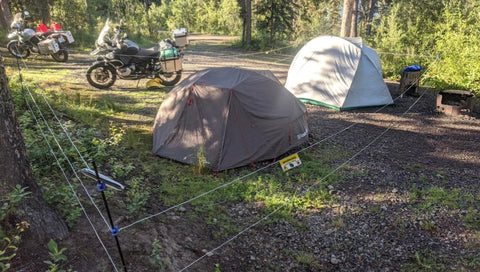 Dempster Highway adventure ride campsite protected by a Bear Sentry portable electric fence, the Backcountry model.